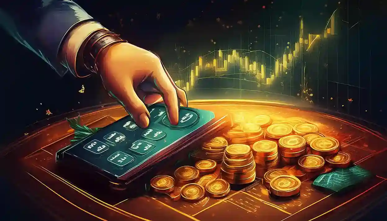 Hand using a betting app on a phone with gold coins and a rising profit chart behind