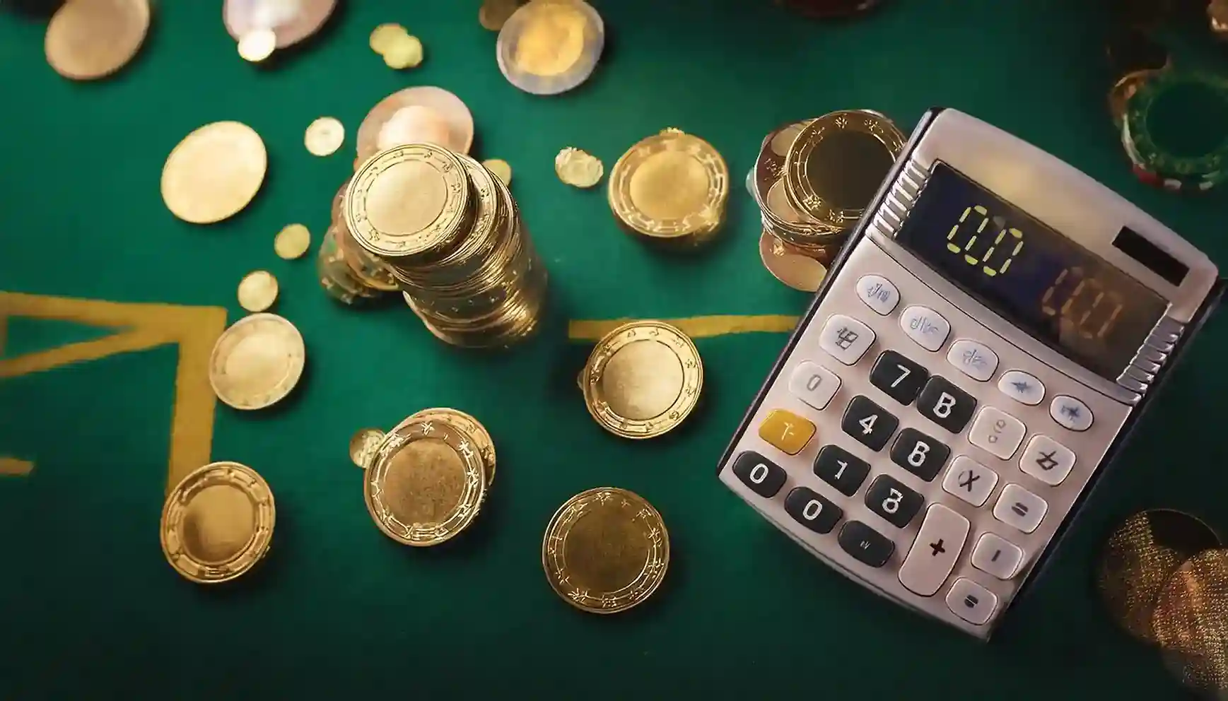 Calculator and gold coins on green casino felt, planning a betting budget