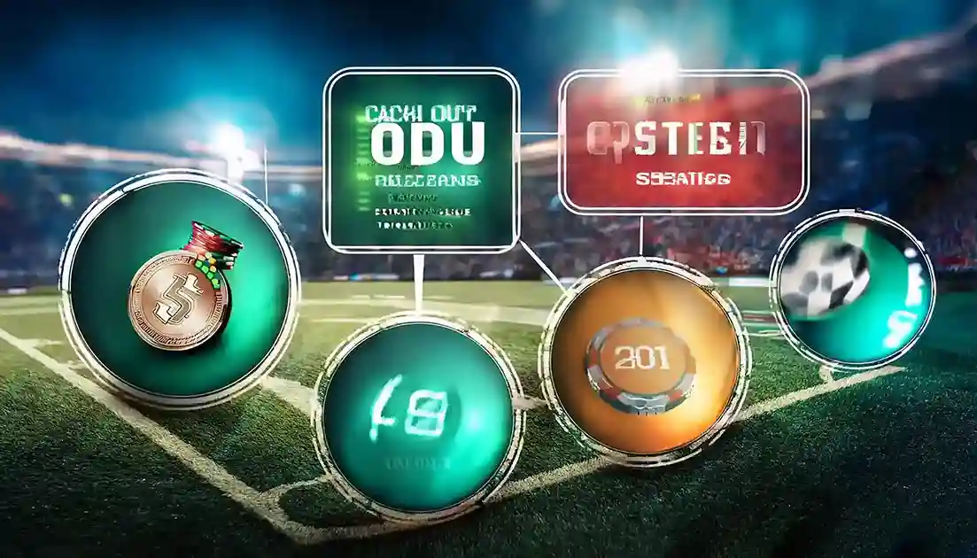 Cash-out and odds infographic spheres on a floodlit pitch, Reddy Book Club graphic
