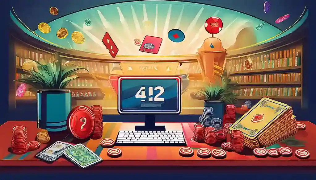 Illustrated computer screen with number puzzle, casino chips, cards and cash on a desk