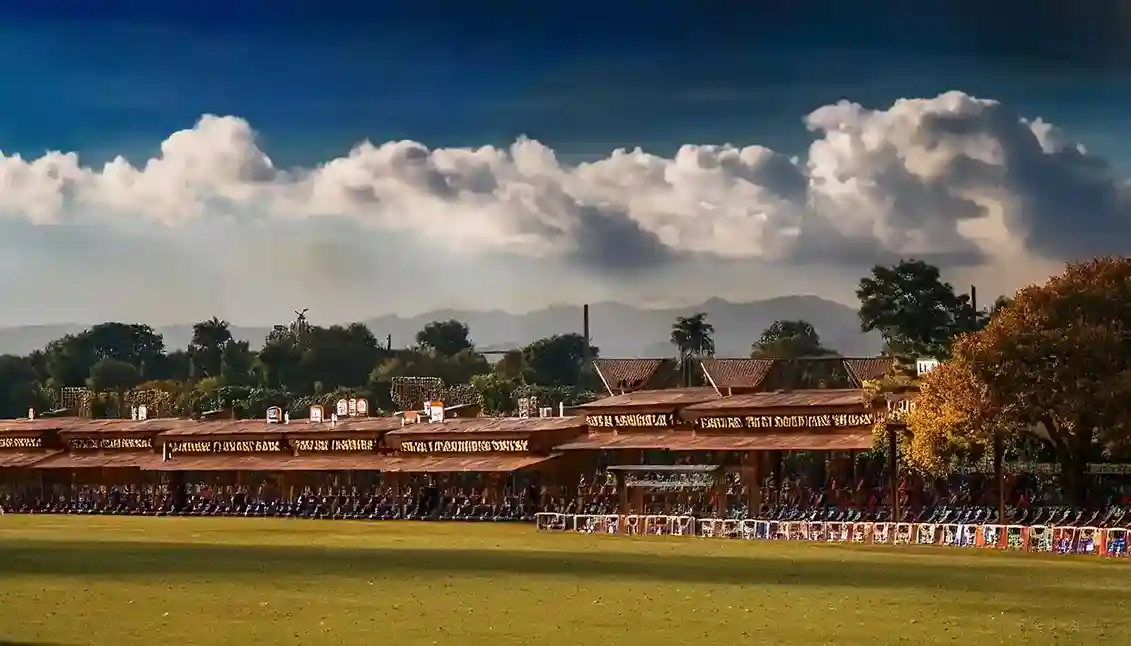 Cricket ground with pavilion stands and spectators under a cloudy sky