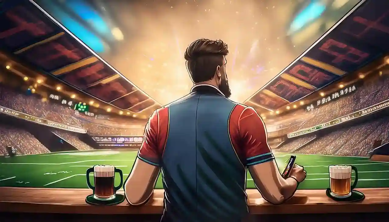 Fan at a stadium bar placing a bet on his phone, Reddy Book Club illustration