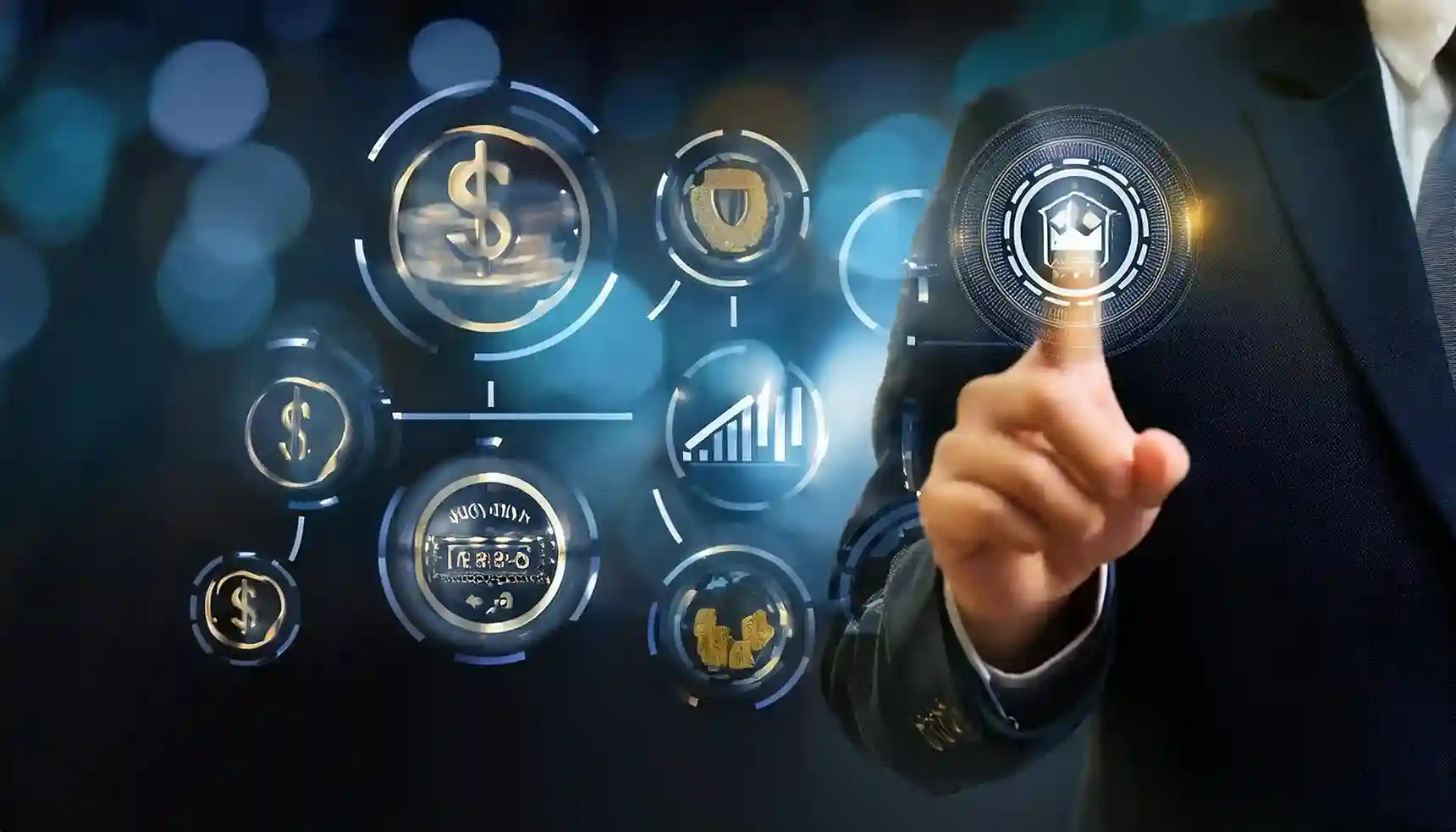 Businessman selecting secure payment and account icons on a Reddy Book Club interface