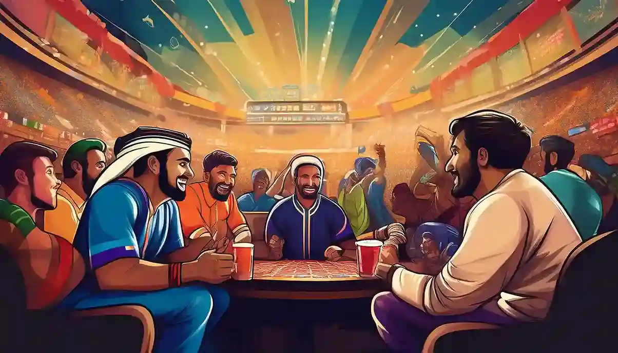 Illustrated cricket fans laughing over drinks inside a packed stadium, Reddy Book Club community