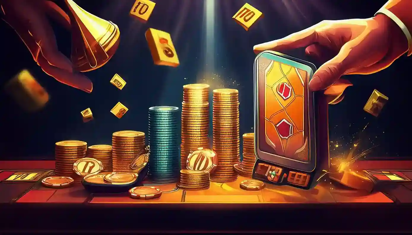Stacks of gold coins, casino chips and a card-game phone screen at a winner's table
