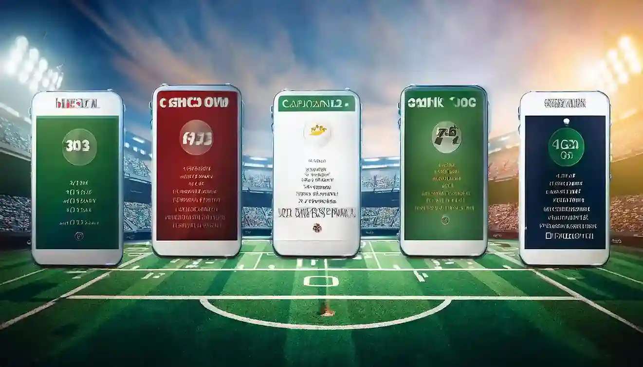 Five smartphones displaying betting app screens on a pitch, Reddybook app lineup