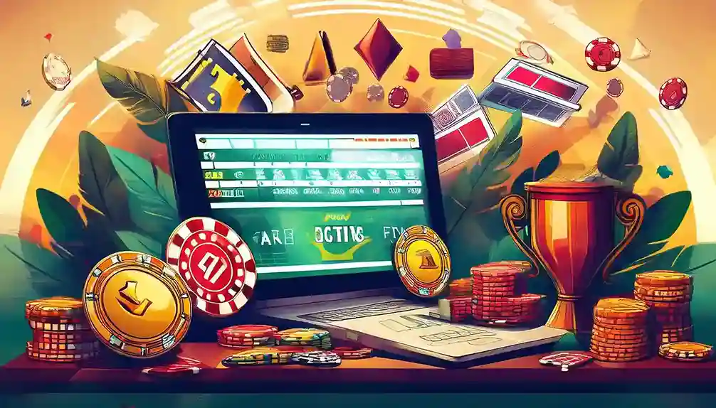 Illustrated laptop with betting table beside a trophy and gold chips, winning with Reddybook