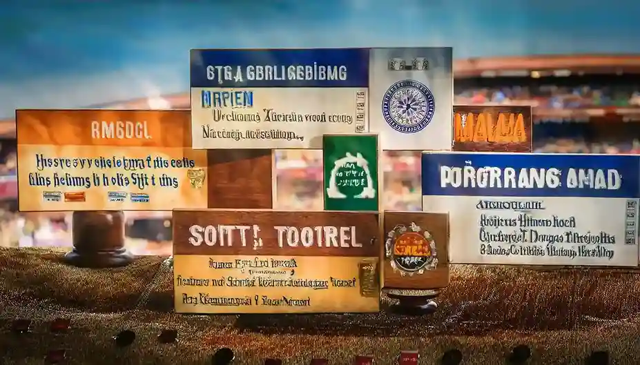 Vintage bookmaker signboards displayed before a stadium crowd