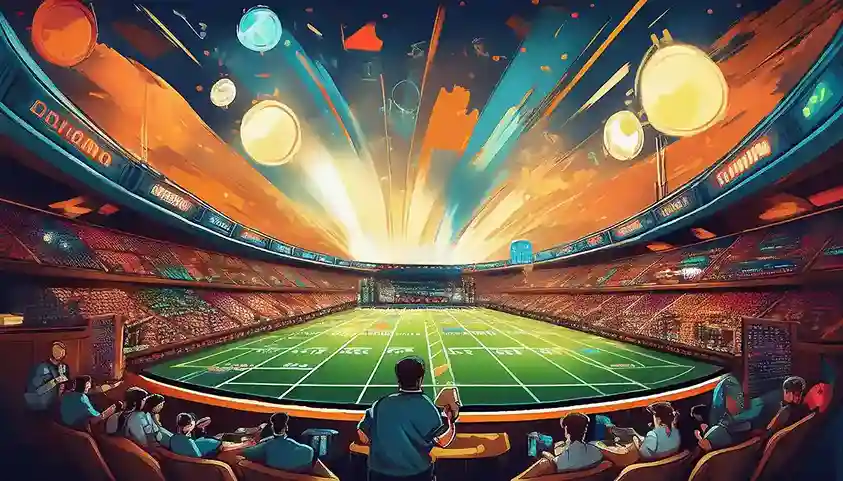 Illustrated floodlit stadium packed with fans on the Reddybook platform
