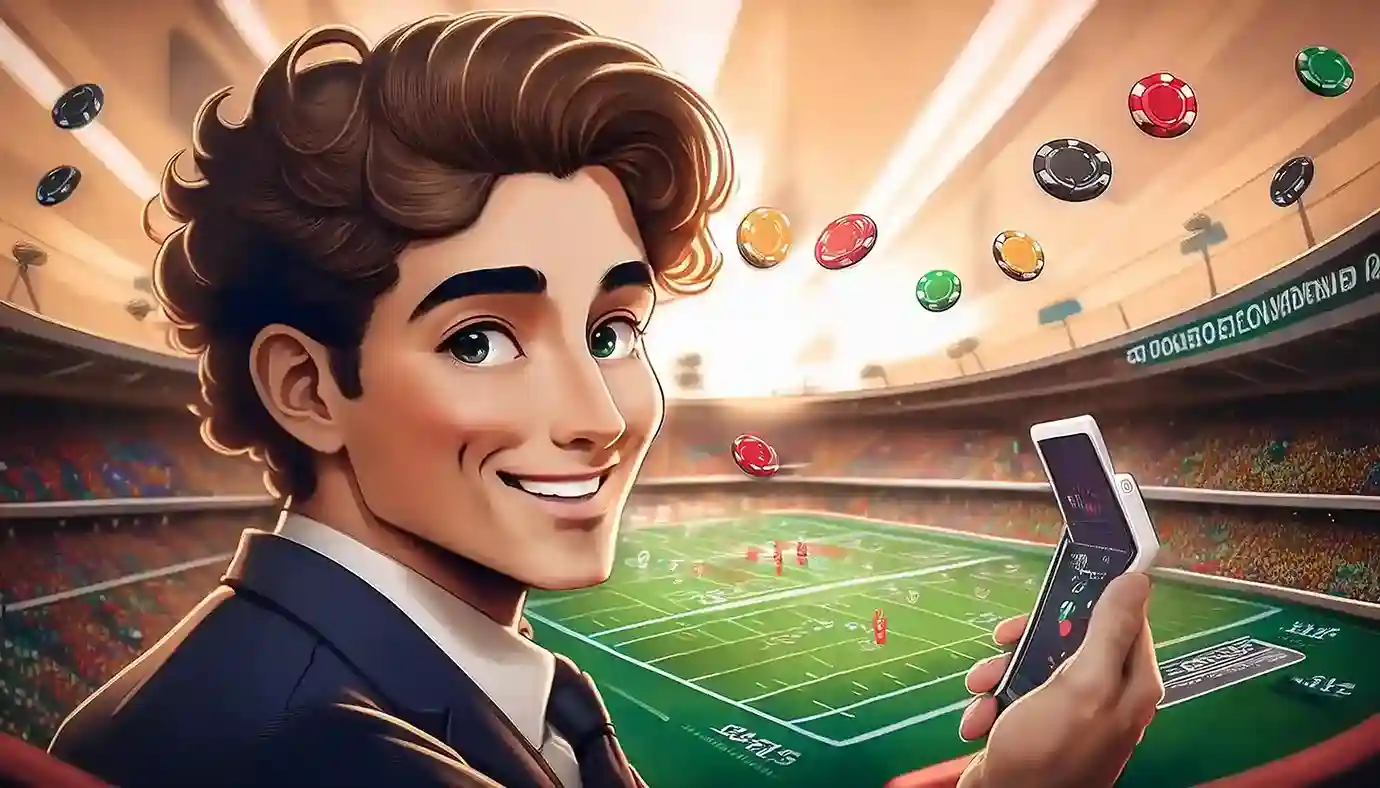 Smiling user betting on his smartphone in a stadium with the Reddybook app