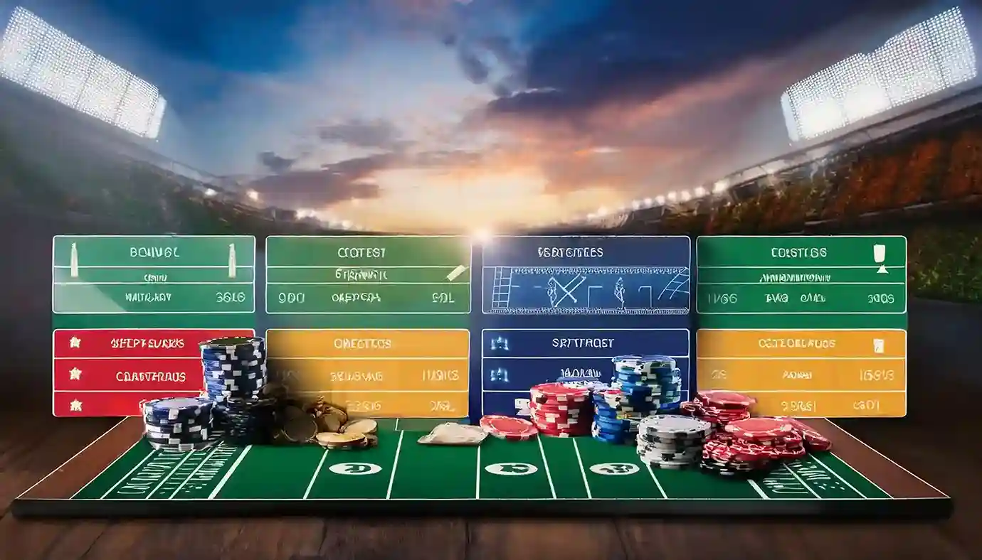 Odds boards, casino chips and coins on a green table inside a floodlit stadium, Reddybook style