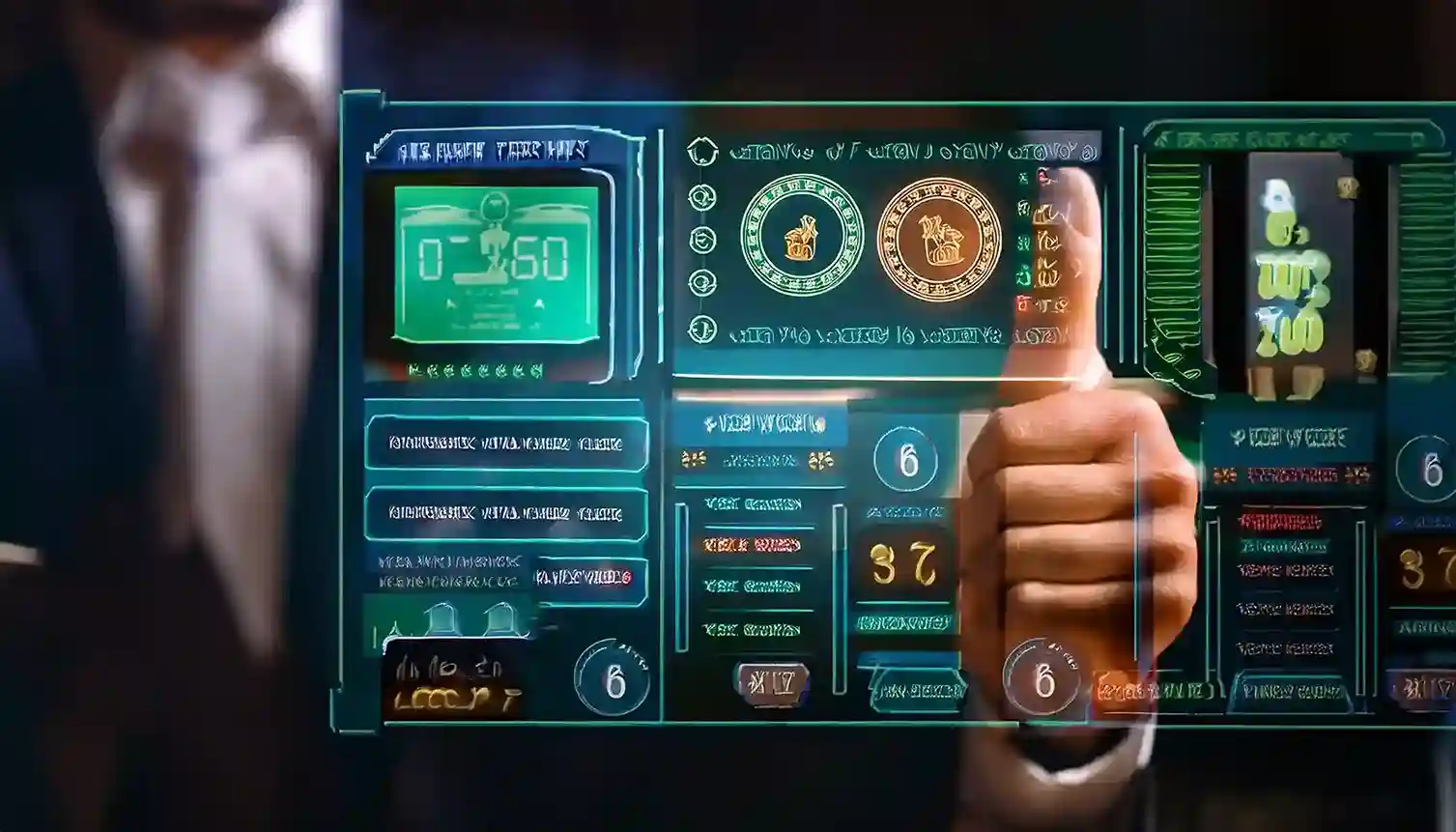 Businessman giving a thumbs-up through a holographic online betting interface for Reddybook